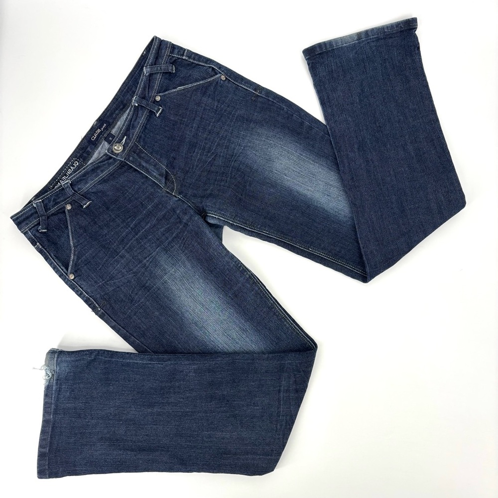 Clash Jeans Dark Blue Distressed Slight Bootcut Mid Rise Jeans, 11